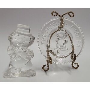 Vtg Mosser Glass Little Fiddler Clown Spike Clear w. Matching Plate